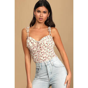 Lulus Flower Couple Cream Floral Print Ruched Tie-strap Cami Top Beige - Size M